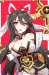  1girl ahoge allos bangs black_hair breasts character_request choker cleavage elsword hair_ribbon heterochromia highres japanese_clothes long_hair open_mouth red_eyes ribbon solo upper_body yellow_eyes 