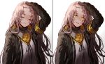  1girl :d armband bangs black_jacket blood brown_hair bruise bruise_on_face closed_eyes closed_mouth commentary damaged expressionless facing_viewer fingerless_gloves girls_frontline gloves hair_ornament hand_on_own_head hood hood_down hooded_jacket injury jacket long_hair looking_at_viewer multiple_views neck_ribbon one_side_up open_clothes open_jacket open_mouth ribbon scar scar_across_eye scarf shirt sidelocks silence_girl simple_background smile solo torn_clothes ump45_(girls_frontline) upper_body white_background white_ribbon white_shirt yellow_eyes 