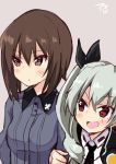  2girls amano_kouki anchovy anzio_school_uniform arm_grab artist_name bangs black_cape black_ribbon blush brown_eyes brown_hair cape commentary dress_shirt drill_hair emblem eyebrows_visible_through_hair girls_und_panzer green_hair grey_background grey_shirt hair_ribbon highres kuromorimine_school_uniform long_hair long_sleeves looking_at_another looking_away multiple_girls nishizumi_maho open_mouth red_eyes ribbon school_uniform shirt short_hair signature simple_background smirk standing twin_drills twintails upper_body white_shirt 