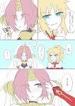  ! ... 2girls blonde_hair blush bridal_veil comic fate/apocrypha fate/grand_order fate_(series) flying_sweatdrops frankenstein&#039;s_monster_(fate) green_eyes grey_eyes grin hair_ornament hair_scrunchie hand_in_hair highres kusa_sougen looking_at_another mordred_(fate) mordred_(fate)_(all) multiple_girls pink_hair ponytail red_scrunchie scrunchie smile translation_request veil yuri 