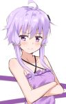  1girl ahoge bangs bare_arms bare_shoulders blush breasts closed_mouth collarbone commentary_request criss-cross_halter crossed_arms dress eyebrows_visible_through_hair hair_between_eyes hair_ornament halterneck highres kohakope long_hair looking_at_viewer purple_dress purple_hair sidelocks small_breasts solo violet_eyes voiceroid yuzuki_yukari 