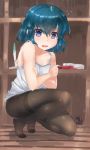  1girl bare_shoulders black_legwear blue_eyes clothes_removed covering covering_breasts eyebrows_visible_through_hair hair_between_eyes indoors kaban_(kemono_friends) kemono_friends looking_at_viewer open_mouth pantyhose partially_undressed short_hair solo squatting tadano_magu thighband_pantyhose wooden_floor 