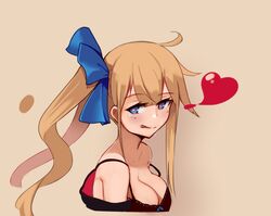  1girl :q ahoge bare_shoulders blonde_hair blue_eyes blue_ribbon bra breasts brown_bra cleavage color_guide fal_(girls_frontline) from_side girls_frontline hair_ribbon heart heart-shaped_pupils kion-kun large_breasts long_hair looking_at_viewer looking_to_the_side off_shoulder ribbon simple_background solo sweat symbol-shaped_pupils tongue tongue_out underwear upper_body yellow_background 