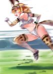  1girl animal_ears blonde_hair buruma crop_top elbow_gloves gloves japan_racing_association kemono_friends midriff motion_blur open_mouth print_buruma print_gloves print_legwear profile running serval_(kemono_friends) serval_ears serval_print serval_tail short_hair solo tadano_magu tail thigh-highs yellow_eyes 