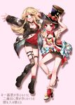 2girls :d bang_dream! bare_shoulders black_choker black_footwear black_hair black_jacket black_legwear black_shorts blonde_hair blush boots breasts chino_machiko choker cleavage costume_switch drop_shadow hand_up hands_up hat high_heel_boots high_heels jacket jumping long_sleeves looking_at_viewer medium_breasts mitake_ran multicolored_hair multiple_girls open_mouth pink_background red_eyes red_footwear red_hat red_legwear round_teeth short_hair short_shorts shorts simple_background single_sock single_thighhigh smile socks streaked_hair teeth thigh-highs top_hat tsurumaki_kokoro w yellow_eyes