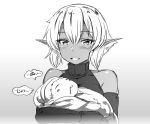  1girl :d baby bare_shoulders blush commentary_request dark_skin de-chan_(lolicept) drooling elbow_gloves eyebrows_visible_through_hair gloves gradient gradient_background grey_background greyscale happy lolicept looking_at_viewer monochrome mother_and_son open_mouth original pointy_ears short_hair smile solo_focus upper_body 
