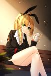  1girl ahoge beer_can bench black_skirt black_suit blonde_hair can commentary formal green_eyes healther legs_crossed long_hair looking_at_viewer original pencil_skirt ponytail shirt skirt smile solo suit uniform white_shirt 