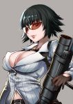  1girl belt black_hair breasts cleavage devil_may_cry devil_may_cry_4 gloves highres holding holding_weapon kaorihero lady_(devil_may_cry) large_breasts lips navel rocket_launcher short_hair solo sunglasses upper_body weapon 