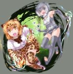  :d animal_ears bangs blonde_hair blue_eyes center_frills elbow_gloves eyebrows_visible_through_hair eyes_visible_through_hair fangs fingerless_gloves fur_collar gloves glowing grey_gloves grey_hair grey_legwear grey_swimsuit jaguar_(kemono_friends) jaguar_ears jaguar_print jaguar_tail kemono_friends long_sleeves no_shoes one-piece_swimsuit open_mouth orange_eyes otter_ears otter_tail print_legwear print_skirt print_sleeves running shirt short_hair short_over_long_sleeves short_sleeves skirt small-clawed_otter_(kemono_friends) smile stone swimsuit tadano_magu tail teeth thigh-highs toeless_legwear v-shaped_eyebrows white_shirt 