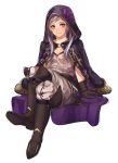  1girl boots brown_gloves closed_mouth female_my_unit_(fire_emblem:_kakusei) fire_emblem fire_emblem:_kakusei gloves highres hood hood_up kamu_(kamuuei) knee_boots legs_crossed my_unit_(fire_emblem:_kakusei) robe simple_background sitting smile solo white_background white_hair yellow_eyes 