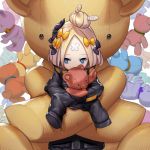  1girl abigail_williams_(fate/grand_order) bangs black_bow black_jacket blonde_hair blue_eyes bow commentary_request covered_mouth crossed_bandaids fate/grand_order fate_(series) hair_bow hair_bun jacket long_hair long_sleeves looking_away looking_to_the_side nyantyubosi object_hug orange_bow oversized_object parted_bangs polka_dot polka_dot_bow simple_background sleeves_past_fingers sleeves_past_wrists solo stuffed_animal stuffed_toy teddy_bear white_background 