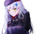  1girl adjusting_hair bangs beret blunt_bangs blush breasts clothes_writing eyebrows_visible_through_hair facial_mark girls_frontline gloves green_eyes hair_ornament hat hk416_(girls_frontline) iron_cross jacket long_hair looking_at_viewer medium_breasts parted_lips sidelocks silence_girl silver_hair simple_background solo teardrop upper_body very_long_hair white_background 