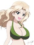  1girl :d artist_name bikini blonde_hair blue_eyes breasts bukkuri cleavage commentary dated girls_und_panzer green_bikini hair_intakes kay_(girls_und_panzer) large_breasts long_hair looking_at_viewer open_mouth signature simple_background smile solo standing swimsuit upper_body white_background wind 