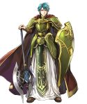  1boy aqua_eyes armor axe battle_axe boots brown_footwear cape cosplay ephraim fado_(fire_emblem) fado_(fire_emblem)_(cosplay) fire_emblem fire_emblem:_seima_no_kouseki fire_emblem_heroes full_armor green_armor green_hair highres holding_shield loincloth male_focus official_art pants red_cape robe shield short_hair shoulder_armor smile solo undershirt wada_sachiko weapon white_robe 