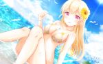  1girl artist_name bang_dream! bangs bikini blonde_hair blush bracelet breasts cleavage collarbone commentary_request dated day eyebrows_visible_through_hair floral_print flower hair_flower hair_ornament halterneck highres holding jewelry knees_up long_hair looking_at_viewer masa_(mirage77) medium_breasts ocean outdoors parted_lips pendant shirasagi_chisato sitting smile solo sparkle swimsuit violet_eyes water wet yellow_flower 