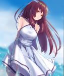 1girl arms_behind_back bare_shoulders blue_sky breasts clouds cloudy_sky commentary_request day dress fate/grand_order fate_(series) hair_blowing long_hair maru_(maru1625) ocean purple_hair red_eyes scathach_(fate)_(all) scathach_(fate/grand_order) sky smile sparkle 