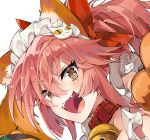  1girl :d animal_ears bell blurry blurry_background blush bright_pupils collar commentary_request depth_of_field eyebrows_visible_through_hair fangs fate/grand_order fate_(series) fox_ears fox_tail hair_ornament hands_up headdress highres jingle_bell looking_at_viewer maid_headdress open_mouth paws pink_hair portrait simple_background smile solo tail tamamo_(fate)_(all) tamamo_cat_(fate) tuxedo_de_cat twintails white_background yellow_eyes 