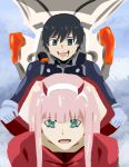  1boy 1girl absurdres bangs black_bodysuit black_hair blue_eyes bodysuit commentary couple darling_in_the_franxx english_commentary gloves green_eyes hair_ornament hairband hetero highres hiro_(darling_in_the_franxx) holding horns long_hair looking_at_viewer no_lineart oni_horns pilot_suit pink_hair red_bodysuit red_horns short_hair white_gloves white_hairband winson zero_two_(darling_in_the_franxx) 