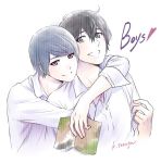  2boys black_eyes black_hair blue_hair book domestic_na_kanojo english fujii_natsuo genderswap genderswap_(ftm) heart hug hug_from_behind multiple_boys red_eyes sasuga_kei signature smile tachibana_rui 