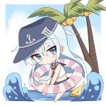  1girl anchor_symbol bangs bare_arms bare_legs bare_shoulders barefoot blue_eyes blue_hair blue_hat blue_sailor_collar blue_skirt blue_sky blush chibi closed_mouth clouds cloudy_sky coconut coconut_tree commentary_request crop_top day flat_cap hair_between_eyes hat head_tilt hibiki_(kantai_collection) highres horizon ichi innertube kantai_collection long_hair looking_at_viewer midriff ocean outdoors palm_tree sailor_collar school_uniform serafuku shirt skirt sky sleeveless sleeveless_shirt solo striped striped_innertube transparent tree ve water white_shirt 