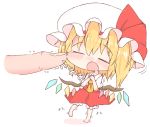  1girl :o absurdres ascot bangs barefoot blonde_hair blush bow breasts chibi closed_eyes collared_shirt commentary_request crystal eyebrows_visible_through_hair fang flandre_scarlet frilled_hat frilled_skirt frills hands_up hat hat_bow head_out_of_frame highres legs_apart medium_skirt mob_cap motion_lines nose_blush open_mouth pigeon-toed puffy_short_sleeves puffy_sleeves raised_eyebrows red_bow red_skirt shirt short_hair short_sleeves shoupon side_ponytail simple_background size_difference sketch_eyebrows skirt skirt_set small_breasts smile solo_focus standing touhou translated white_background white_hat wing_collar wings yellow_neckwear |o 