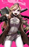  1girl belt_pouch blonde_hair blush carrying_over_shoulder character_name commentary_request girls_frontline gun hair_ornament hairclip hat highres holstered_weapon long_hair m1919_(girls_frontline) machine_gun military_jacket open_mouth pantyhose pink_eyes pouch simple_background smoke solo uniform weapon yaruku 