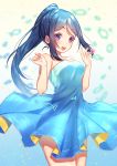  1girl :d blue_dress blue_hair breasts clenched_hand cowboy_shot dress eyebrows_visible_through_hair fish hands_up heart long_hair long_ponytail love_live! love_live!_sunshine!! matsuura_kanan medium_breasts moyui_(myi_005) open_mouth ponytail see-through_silhouette smile solo strapless strapless_dress upper_teeth violet_eyes 
