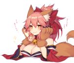  1girl :3 animal_ears bare_shoulders bell blush breasts bright_pupils claws cleavage collar commentary_request eyebrows_visible_through_hair fate/grand_order fate_(series) fox_ears fox_tail hair_ribbon head_rest japanese_clothes jingle_bell kimono large_breasts long_sleeves looking_at_viewer muryotaro off_shoulder orange_eyes paws pink_hair ponytail red_kimono red_ribbon ribbon simple_background smile solo sparkle tail tamamo_(fate)_(all) tamamo_cat_(fate) translated upper_body white_background wide_sleeves 