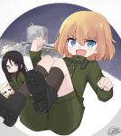  3girls artist_name bangs black_footwear black_hair black_legwear blonde_hair blue_eyes boots chibi circle clara_(girls_und_panzer) clenched_hands commentary doorknoble fang girls_und_panzer green_jumpsuit ground_vehicle highres invisible_chair katyusha kv-2 long_hair long_sleeves looking_at_another looking_at_viewer military military_vehicle motor_vehicle multiple_girls night night_sky nonna open_mouth outdoors outside_border pravda_military_uniform short_hair short_jumpsuit signature sitting sky smile snow socks standing swept_bangs tank v-shaped_eyebrows 