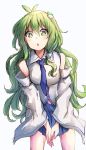  1girl ahoge bare_shoulders blue_skirt blush collar detached_sleeves frog green_eyes green_hair hair_accessories hair_tube kochiya_sanae long_hair miko miniskirt necktie nontraditional_miko open_mouth releyx skirt touhou vest white_background 