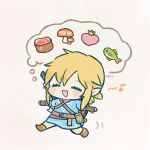  1boy :d belt blonde_hair blue_shirt blush boots chibi closed_eyes facing_viewer fish grey_background link male_focus motion_lines mushroom musical_note open_mouth pants pointy_ears ponytail running shirt signature simple_background smile solo spoken_musical_note sword weapon weapon_on_back 