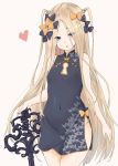  1girl abigail_williams_(fate/grand_order) alternate_costume alternate_hairstyle bangs bare_shoulders black_bow blonde_hair blue_eyes blush bow china_dress chinese_clothes commentary_request covered_navel dress eyebrows_visible_through_hair fate/grand_order fate_(series) hair_bow heart highres keyhole long_hair looking_at_viewer open_mouth orange_bow parted_bangs polka_dot polka_dot_bow saku_(kudrove) side_slit simple_background solo standing two_side_up very_long_hair 