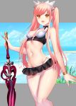  1girl beach bikini black_neckwear blush bracelet choker clouds cowboy_shot fate/grand_order fate_(series) highres holding holding_sword holding_weapon jewelry letterboxed lips lipstick long_hair looking_at_viewer makeup medb_(fate/grand_order) medb_(swimsuit_saber)_(fate) orange_eyes parted_lips pink_hair pink_lipstick rahato sky smile solo standing swimsuit sword thigh_gap tiara twintails water weapon white_bikini 