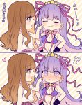  !? 2girls 2koma :3 bangs bb_(swimsuit_mooncancer)_(fate) black_gloves blush breasts brown_eyes brown_hair cheek_poking cleavage closed_eyes comic commentary_request fate/grand_order fate_(series) gloves hair_ribbon hands_on_hips heart karokuchitose kishinami_hakuno_(female) multiple_girls open_mouth pink_ribbon poking purple_bikini_top purple_hair ribbon shirt sleeveless sleeveless_shirt smug star striped striped_background sweat translation_request violet_eyes white_shirt 