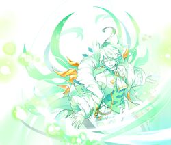  1boy ahoge ainchase_ishmael angel aura bluhen_(elsword) earrings elsword facial_mark fluffy green_hair highres jewelry kuroshio_maki long_sleeves shirt short_hair smile solo wings 