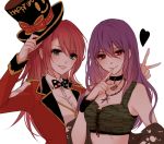 2girls alternate_hairstyle bang_dream! black_choker black_neckwear blush bow bowtie breasts chino_machiko choker cleavage collared_shirt finger_to_mouth green_eyes hair_between_eyes hat heart holding holding_hat index_finger_raised jacket jewelry long_hair looking_at_viewer multiple_girls necklace open_clothes open_jacket polka_dot_neckwear purple_hair red_eyes red_jacket seta_kaoru shirt simple_background smile top_hat udagawa_tomoe v vest white_background white_shirt white_vest wing_collar wristband