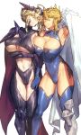  2girls arm_around_waist armpits artoria_pendragon_(all) artoria_pendragon_(lancer) artoria_pendragon_(lancer_alter) blonde_hair blue_gloves braid breasts cape cleavage commentary_request covered_navel crown_braid dual_persona elbow_gloves fate/grand_order fate_(series) gauntlets gloves gluteal_fold gold_trim greaves green_eyes highres large_breasts leotard looking_at_viewer melon22 multiple_girls navel pale_skin sleeveless stomach thigh-highs thigh_gap toned unaligned_breasts under_boob yellow_eyes 