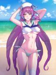  1girl arms arms_up beach bikini blue_sky breasts commentary_request day don_(rg06268) hat highres large_breasts long_hair looking_at_viewer macross macross_delta mikumo_guynemer multicolored_hair navel ocean outdoors purple_hair red_eyes sailor_bikini sailor_collar sailor_hat shiny shiny_hair shiny_skin sky smile solo standing swimsuit thigh-highs two-tone_hair very_long_hair water white_bikini white_legwear 