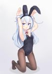  1girl animal_ears armpits black_leotard blue_eyes brown_legwear bunny_girl bunny_pose bunny_tail bunnysuit detached_collar full_body gradient gradient_background grey_background hibiki_(kantai_collection) highres kantai_collection kneeling leotard looking_at_viewer neck_ribbon open_mouth pantyhose rabbit_ears red_ribbon reitou_mikan ribbon silver_hair solo strapless strapless_leotard tail wrist_cuffs 