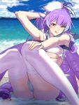  1girl :q arm_up ass beach bikini blue_sky blush breasts commentary_request day don_(rg06268) hat highres large_breasts licking_lips long_hair looking_at_viewer macross macross_delta mikumo_guynemer multicolored_hair navel ocean outdoors purple_hair red_eyes sailor_bikini sailor_collar sailor_hat shiny shiny_hair shiny_skin sitting sky solo swimsuit thigh-highs tongue tongue_out under_boob water white_bikini white_hat white_legwear 