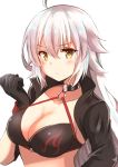  1girl bangs bikini black_bikini black_choker black_gloves black_jacket blush breasts brown_eyes choker cleavage closed_mouth collarbone commentary_request eyebrows_visible_through_hair fate/grand_order fate_(series) gloves hair_between_eyes highres jacket jeanne_d&#039;arc_(alter_swimsuit_berserker) jeanne_d&#039;arc_(fate)_(all) large_breasts long_hair long_sleeves looking_at_viewer o-ring o-ring_bikini o-ring_top shibakame silver_hair simple_background solo swimsuit very_long_hair white_background 