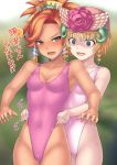  2girls adjusting_clothes adjusting_swimsuit blonde_hair blue_eyes blurry braid commentary_request cowboy_shot depth_of_field flower grey_eyes hai_(h81908190) hair_flower hair_ornament highleg highleg_swimsuit highres horns multiple_girls oguniana_(saga) open_mouth orange_hair pink_swimsuit saga:_scarlet_grace short_hair side_braids swimsuit translation_request twin_braids urpina_(saga) white_swimsuit 