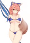  1girl absurdres animal_ears bangs bare_shoulders beach_umbrella bikini blue_bikini blush breasts brown_eyes brown_hair closed_mouth collarbone commentary_request eyebrows_visible_through_hair fang fang_out fate/grand_order fate_(series) fingernails fox_ears fox_girl fox_tail hair_between_eyes hand_on_own_chest hand_up head_tilt highres large_breasts legs_crossed looking_at_viewer mo_ying_yu navel side-tie_bikini simple_background smile solo swimsuit tail tamamo_(fate)_(all) tamamo_no_mae_(swimsuit_lancer)_(fate) umbrella white_background 