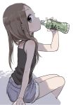  1girl absurdres bare_arms bare_shoulders black_camisole blush bottle brown_hair camisole commentary_request denim denim_shorts drinking from_side highres holding karakai_jouzu_no_takagi-san legs_together long_hair looking_at_viewer looking_to_the_side short_shorts shorts simple_background solo takagi-san water_bottle white_background yamamoto_souichirou 