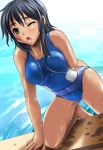  1girl bangs bare_legs bare_shoulders black_hair blue_swimsuit blush breasts competition_swimsuit covered_navel dark_skin day digdug006 eyebrows eyebrows_visible_through_hair green_eyes legs one-piece_swimsuit one_eye_closed open_mouth outdoors pool rial_diana solo swimsuit thighs water wet wet_clothes wet_swimsuit wrestle_angels wrestle_angels_survivor 
