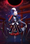  1girl absurdly_long_hair absurdres armor breasts cleavage eclipse fate/grand_order fate_(series) hakama highres japanese_armor japanese_clothes kote kuroha_(rockluo213) kusazuri long_hair looking_at_viewer lunar_eclipse medium_breasts moon red_eyes red_moon rope shimenawa shoulder_armor silver_hair sode solo standing standing_on_liquid tomoe_gozen torii very_long_hair 