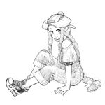  1girl backwards_hat bare_shoulders baseball_cap blush braid closed_mouth commentary_request from_side greyscale hair_ribbon hat horned_girl_(jaco) horns jaco looking_at_viewer looking_to_the_side monochrome original ribbon shoes short_sleeves shorts simple_background single_braid smile sneakers solo tress_ribbon white_background 