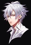  1boy black_background collared_shirt commentary_request copyright_request ear_piercing grey_hair hair_between_eyes highres looking_at_viewer male_focus parted_lips piercing popped_collar portrait red_eyes shirt simple_background solo tenobe white_shirt wing_collar 