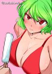  1girl bare_shoulders bikini_top breasts censored cleavage collarbone commentary_request disembodied_limb dripping food green_hair huge_breasts kazami_yuuka mosaic_censoring pink_background popsicle red_eyes sadahiro_(chicken_nugget_gyuuniku_aji) short_hair tearing_up touhou twitter_username 