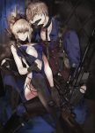  1boy 1girl arthur_pendragon_(fate) artoria_pendragon_(all) artoria_pendragon_(swimsuit_rider_alter) black_legwear blonde_hair bow breasts collar dress fate/grand_order fate/prototype fate/stay_night fate_(series) gloves gun hair_between_eyes highres holster looking_at_viewer medium_breasts navel pvc_parfait rifle saber saber_alter short_hair shoulder_holster sitting sitting_on_lap sitting_on_person smile sniper_rifle thigh-highs tiara twitter_username weapon yellow_eyes 